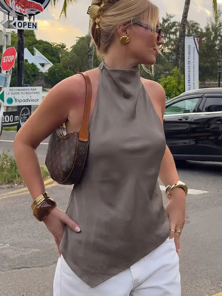 HH Womens Satin Halter Neck Top Asymmetrical Hem Sleeveless Blouse Elegant Party Club Summer Streetwear Crop Top