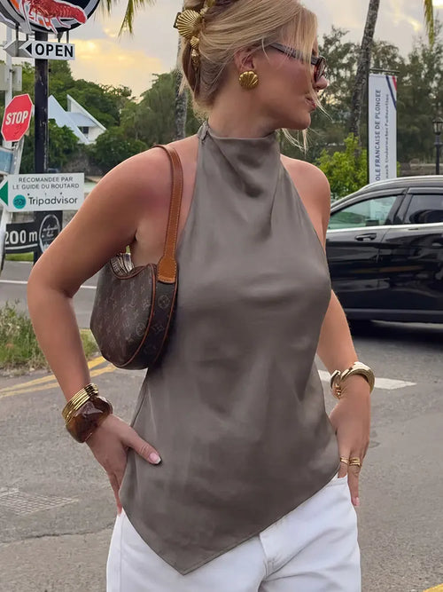HH Womens Satin Halter Neck Top Asymmetrical Hem Sleeveless Blouse Elegant Party Club Summer Streetwear Crop Top