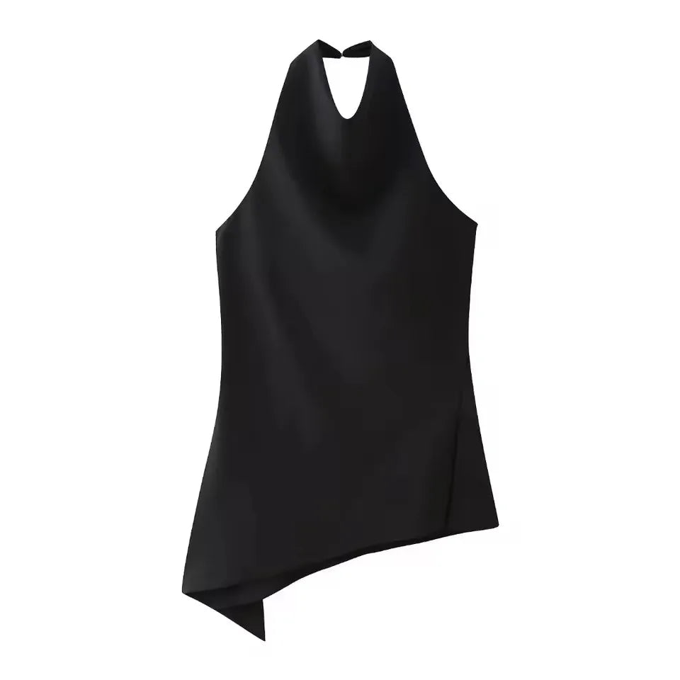 HH Womens Satin Halter Neck Top Asymmetrical Hem Sleeveless Blouse Elegant Party Club Summer Streetwear Crop Top