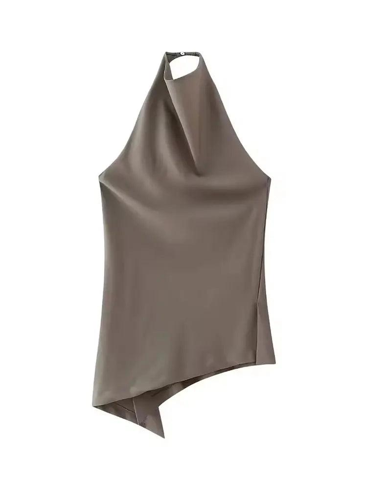 HH Womens Satin Halter Neck Top Asymmetrical Hem Sleeveless Blouse Elegant Party Club Summer Streetwear Crop Top