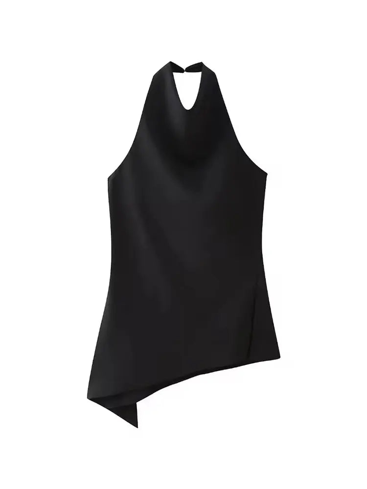 HH Womens Satin Halter Neck Top Asymmetrical Hem Sleeveless Blouse Elegant Party Club Summer Streetwear Crop Top