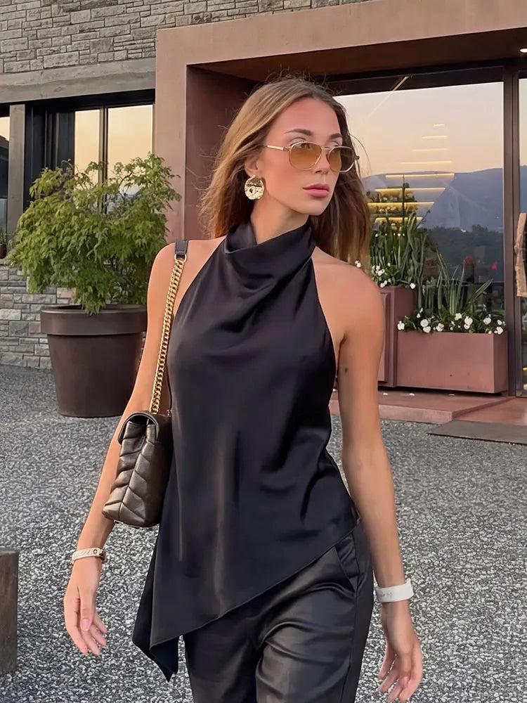 HH Womens Satin Halter Neck Top Asymmetrical Hem Sleeveless Blouse Elegant Party Club Summer Streetwear Crop Top