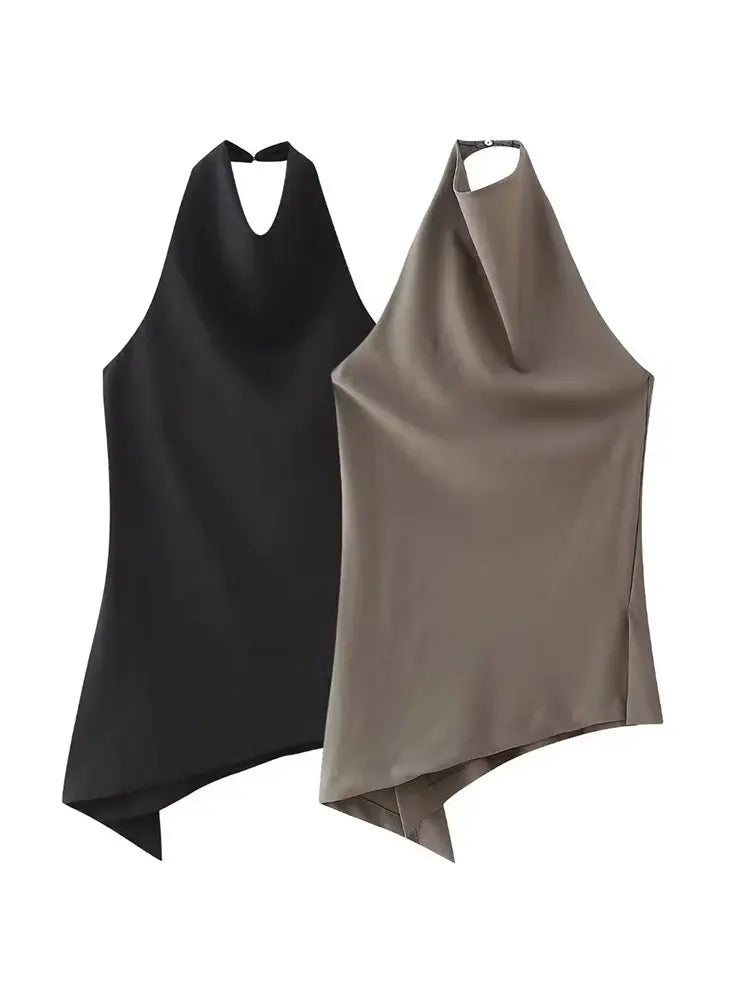HH Womens Satin Halter Neck Top Asymmetrical Hem Sleeveless Blouse Elegant Party Club Summer Streetwear Crop Top